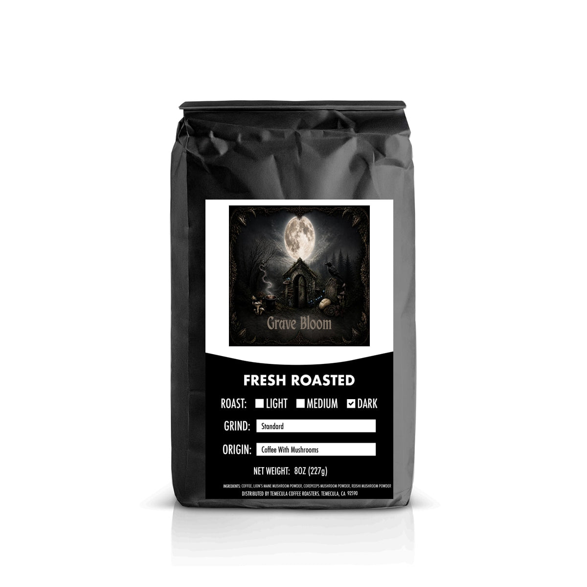 A 12 oz black coffee bag with a white and black label featuring the 'Grave Bloom' logo and product details, set against a plain white background.