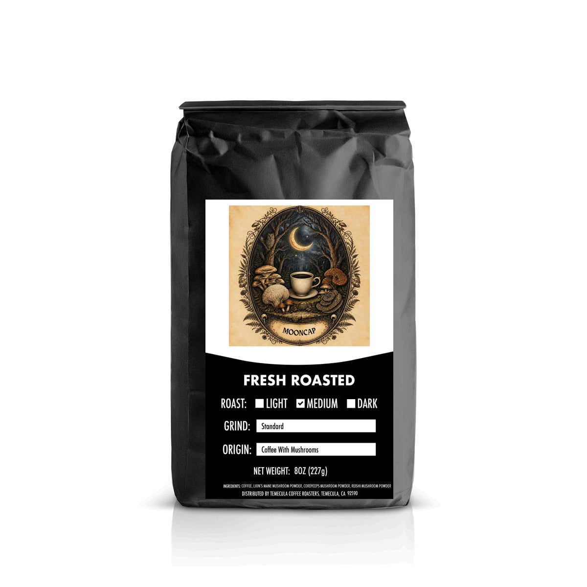 A 12 oz black coffee bag, featuring a white label with the Mooncap logo and product details, set against a plain white background.
