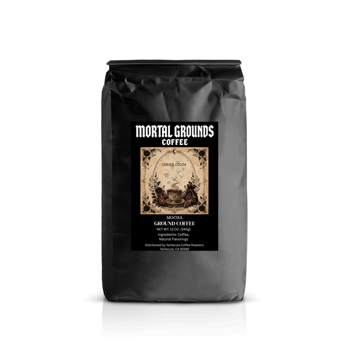 A black bag of Mortal Grounds Coffee, Medium Roast, displayed on a clean white background with a subtle reflection underneath.