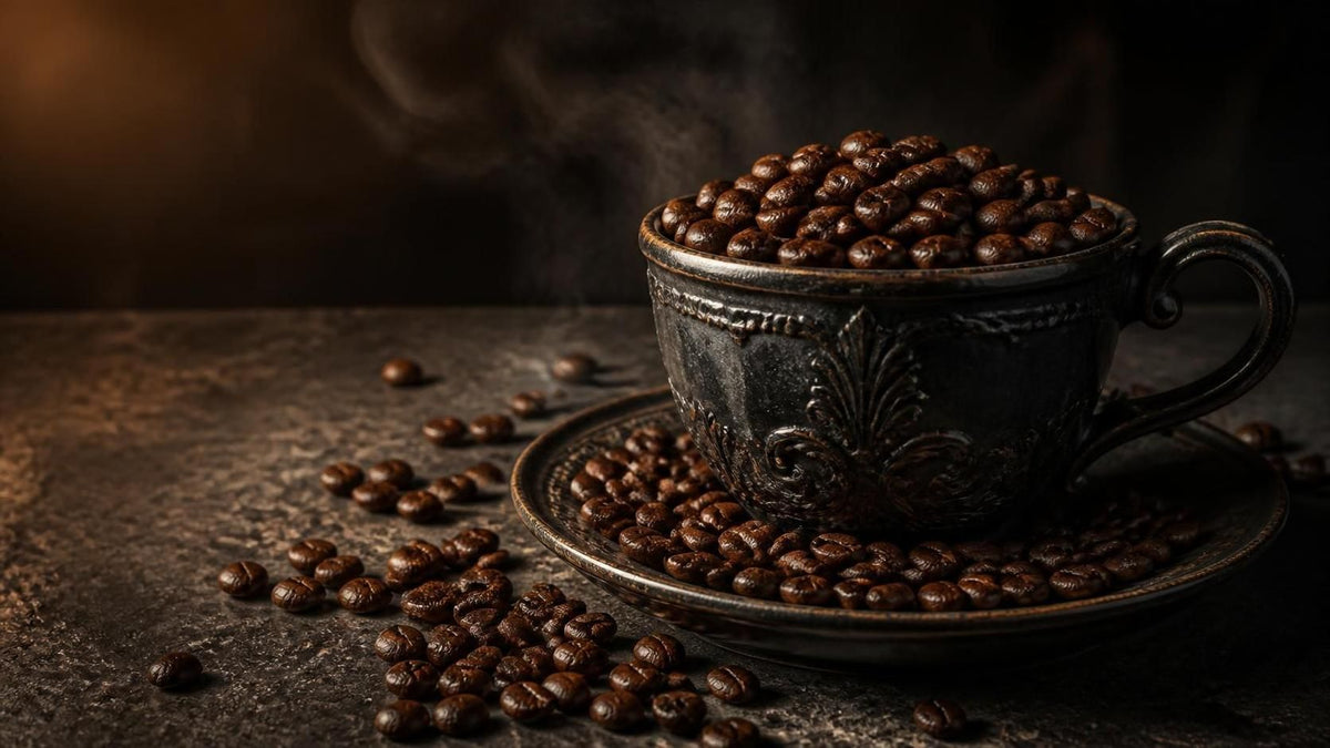 Ornate coffee cup overflowing with coffee beans