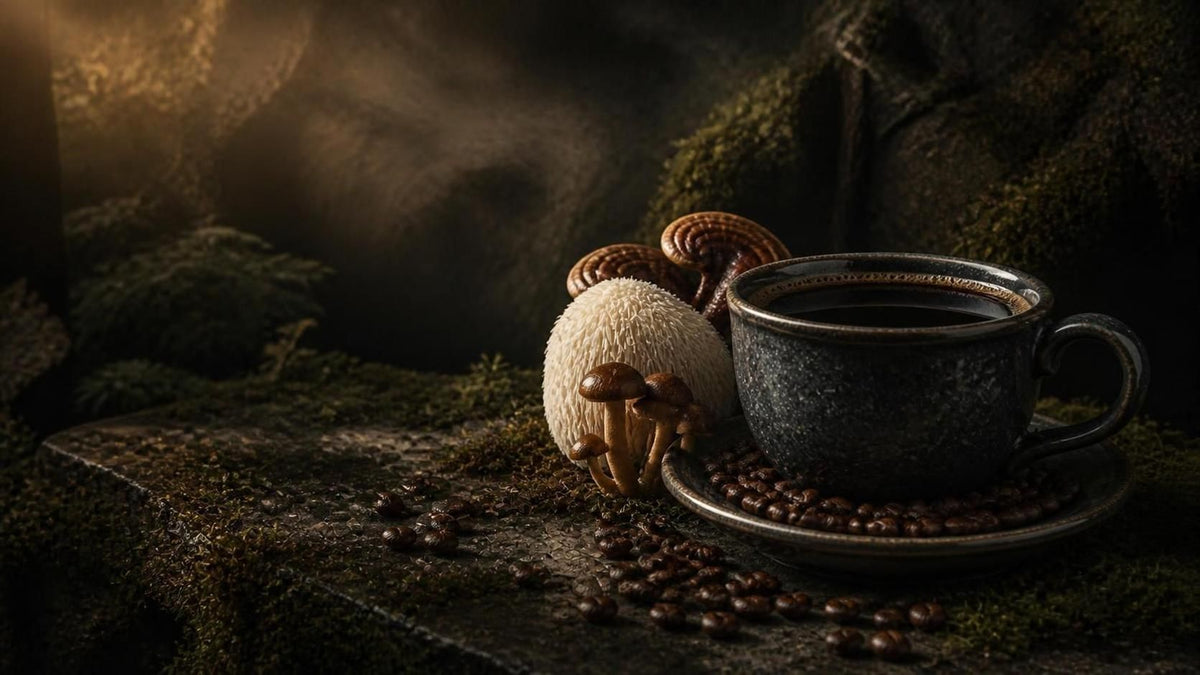 Cup of coffee surrounded by coffee beans, moss, and mushrooms