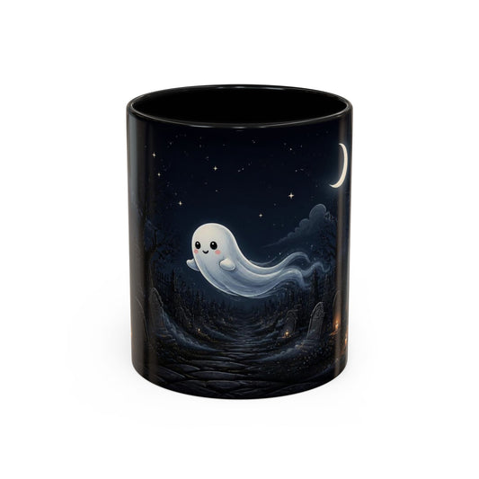 A black ceramic mug featuring a printed illustration of a cute, smiling white ghost floating over a dark forest under a starry night sky with a crescent moon.