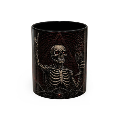A black ceramic mug featuring a detailed graphic of a skeleton with glowing red eyes, set against a dark background with occult-style symbols.