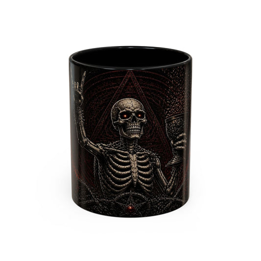 A black ceramic mug featuring a detailed graphic of a skeleton with glowing red eyes, set against a dark background with occult-style symbols.