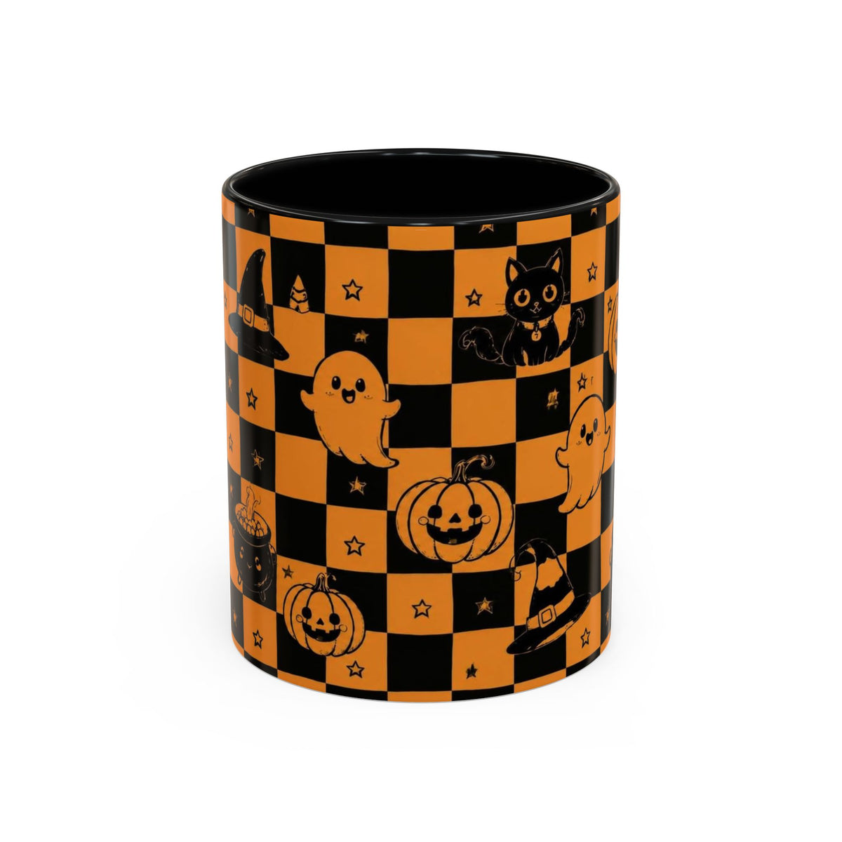 A ceramic mug with a black and orange Halloween checkerboard pattern featuring cartoon ghosts, pumpkins, a witch hat, and a black cat, shown on a plain white background.