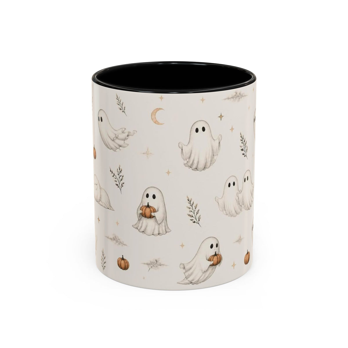 A ceramic mug with a black interior and exterior pattern of cute cartoon ghosts, pumpkins, stars, and a crescent moon on a warm off-white background.