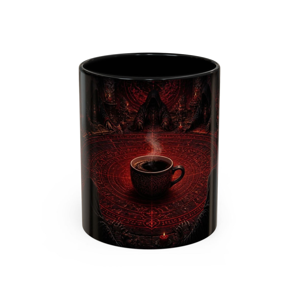 A black ceramic mug featuring a detailed graphic print of a steaming dark coffee cup placed on a red magical ritual circle, set against a dark gothic background.