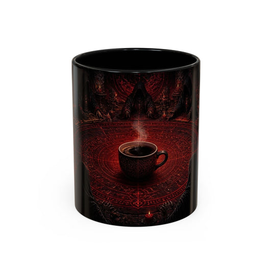 A black ceramic mug featuring a detailed graphic print of a steaming dark coffee cup placed on a red magical ritual circle, set against a dark gothic background.