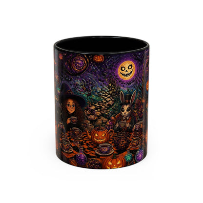 A black ceramic mug featuring a detailed, colorful Halloween illustration with a witch, a rabbit in a top hat, jack-o'-lanterns, teacups, and a glowing moon against a dark purple sky.