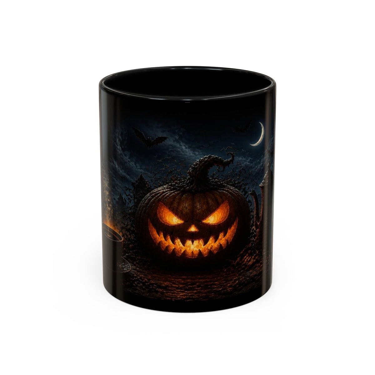 A black ceramic mug featuring a detailed Halloween graphic of a glowing jack-o'-lantern pumpkin in a spooky night scene with bats, a crescent moon, and a dark sky.