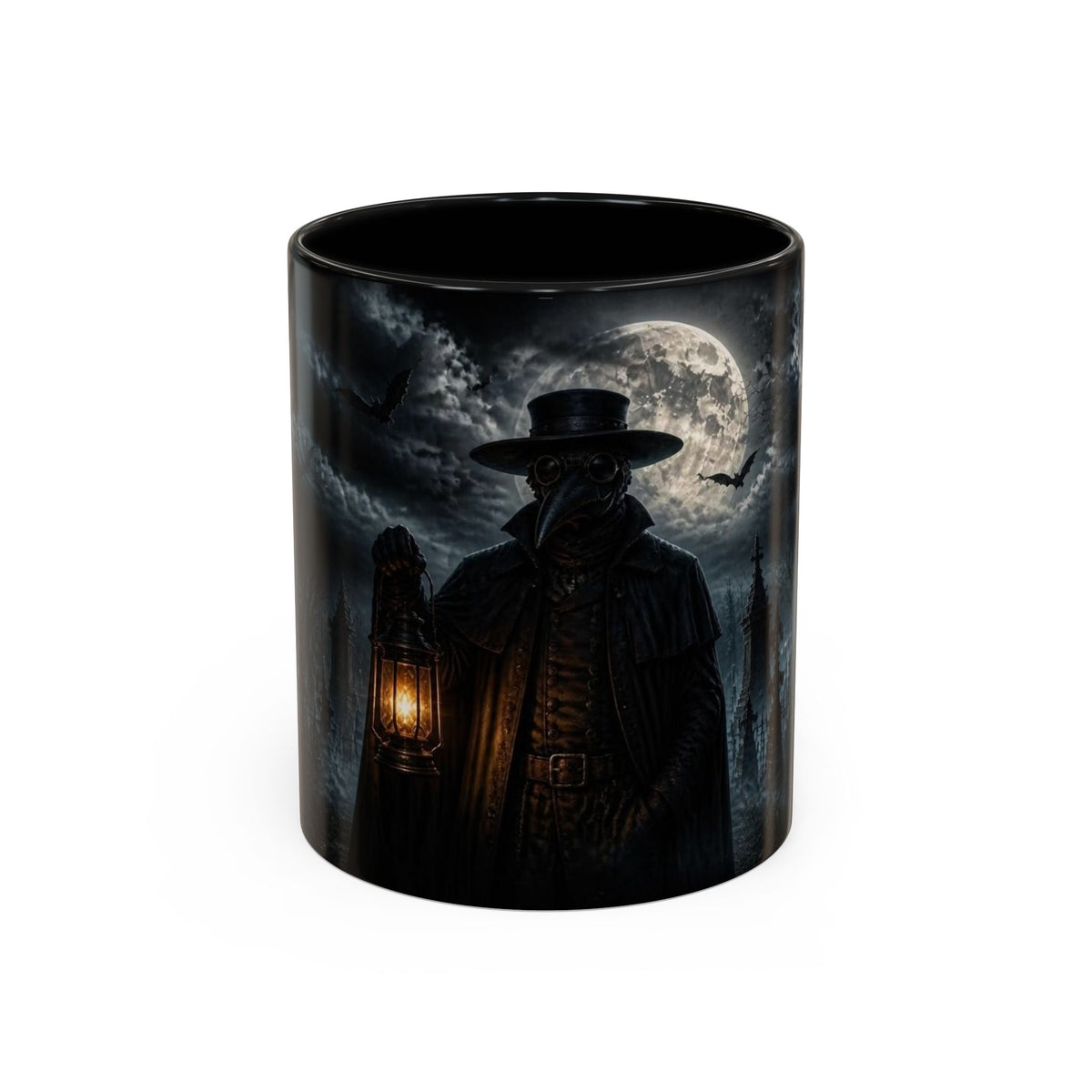 A black ceramic mug featuring a detailed graphic print of a gothic plague doctor character under a full moon, holding a lantern.