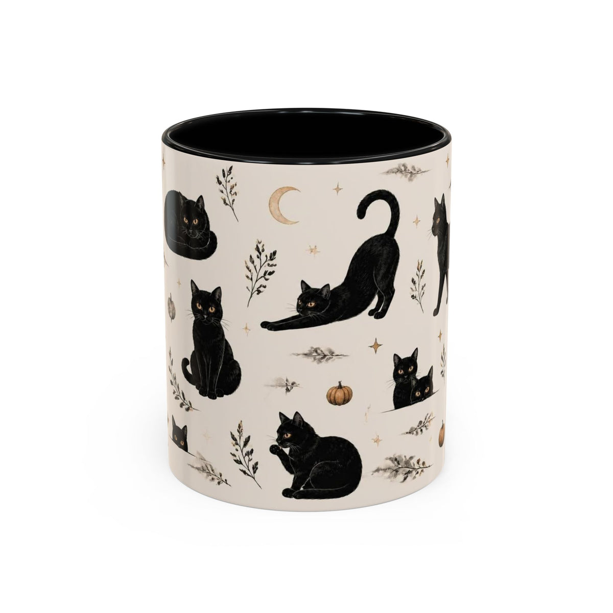 A ceramic mug with a cream-colored exterior patterned with black cats, a crescent moon, and small pumpkins, featuring a solid black interior, shown on a white background.