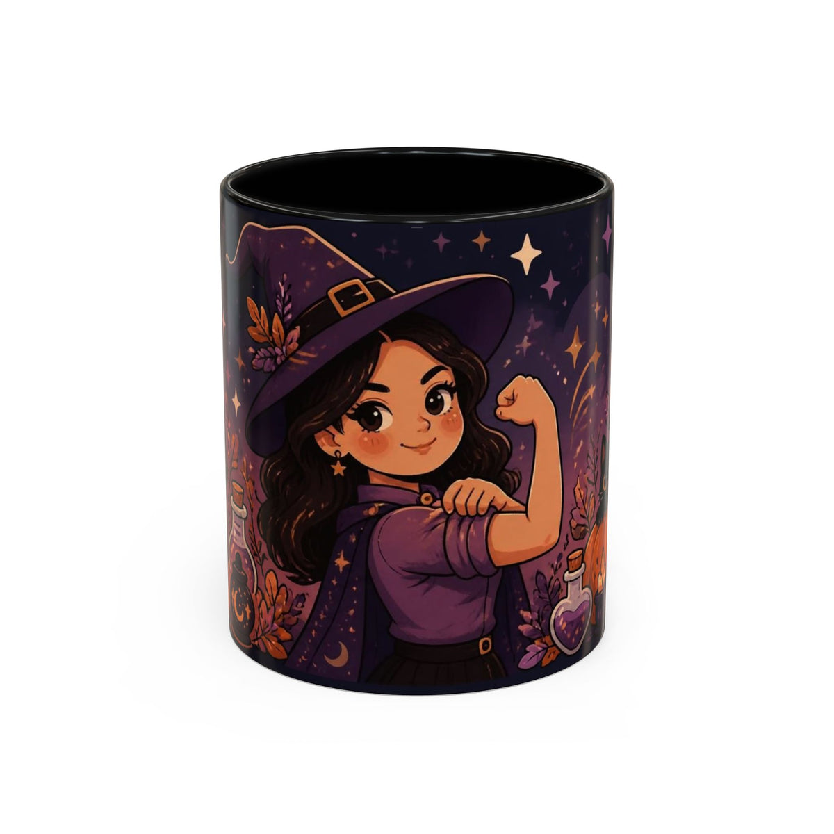 A black ceramic mug featuring a colorful cartoon illustration of a confident witch with a flexed arm, set against a plain white background.