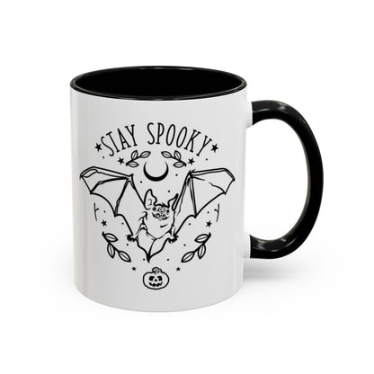White mug with purple interior and handle, featuring text and a bat graphic on a white background
