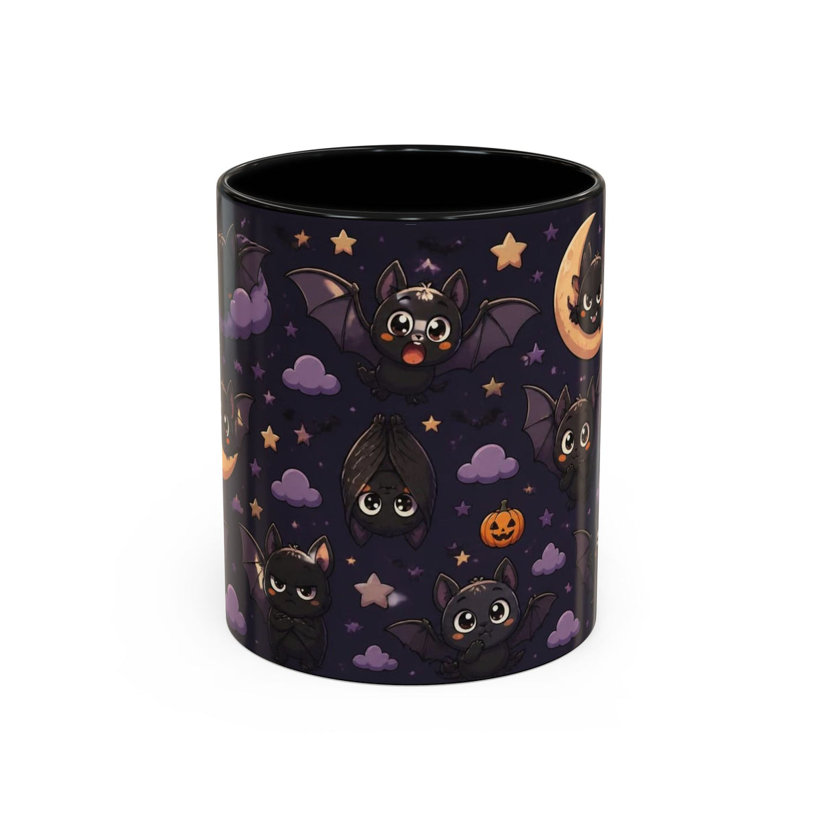 A black ceramic mug featuring a cute cartoon bat pattern on a dark purple background, with stars, clouds, a crescent moon, and a jack-o'-lantern.